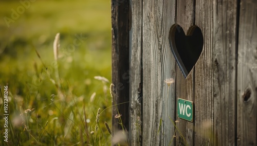 A rustic wooden toilet with a heart-shaped window is located in a grassy field. Close-up shot with focus on details, depicting a rural outdoor setting