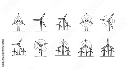 Set of wind turbines in various motion states.