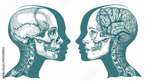 Artistic representation of two stylized human heads in profile, one with a skull, other showing a brain