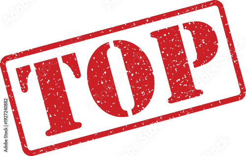 A distinct red rubber stamp boldly displaying the word TOP angled on a pristine white backdrop