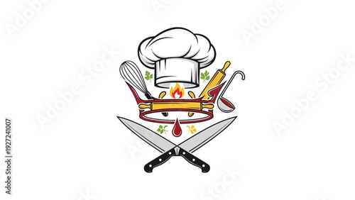 Culinary Emblem Design with Chef Hat, Crown, and Kitchen Tools