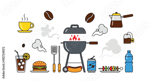 Colorful flat vector illustration of a picnic or barbecue setup with a grill, various food items like burgers and hot dogs, and drinks.