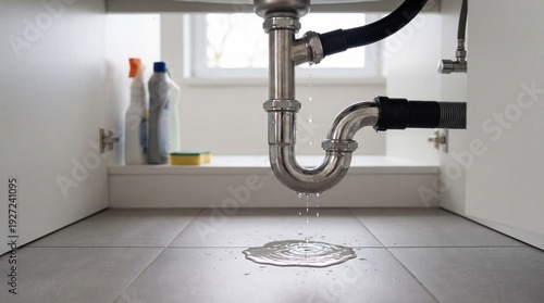 Plumbing under kitchen sink with metal pipes, water dripping onto tiled floor, cleaning supplies visible on shelf in bright indoor setting