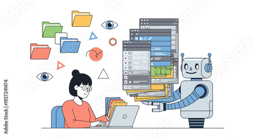 Woman coding with laptop beside collaborative robot in a modern office, cartoon illustration from a front‑view perspective
