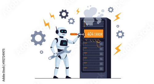 Robot interacting with smartphone amid floating icons and technology cues in a clean illustration from a side viewpoint