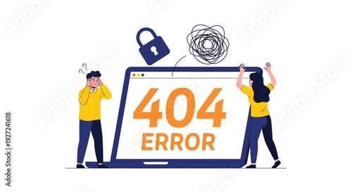 404 Error Page Not Found - Website Glitch with Frustrated Users and Security Lock