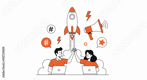 Dynamic illustration of a successful startup launch, showcasing collaborative teamwork and strategic digital marketing for rapid business growth and future achievement