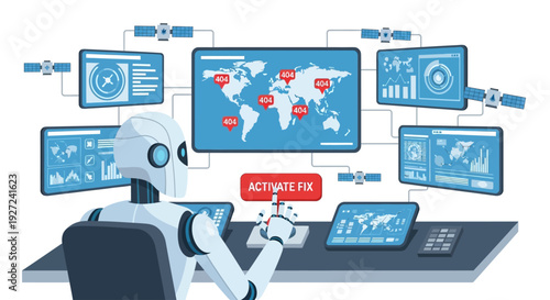 Advanced AI Robot System Monitoring Global Operations and Data Analysis with Satellite Connectivity