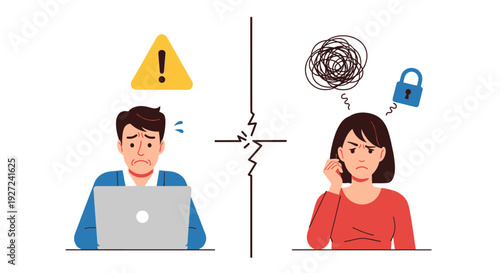 Cybersecurity and data privacy concerns. Digital security warning showing stress from online threats, vulnerability, and potential breaches impacting individuals