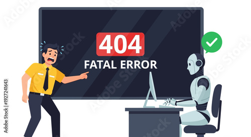 Digital Dilemma A human struggles with a fatal 404 error while an AI calmly provides a solution, symbolizing technological advancement and problem-solving concepts in modern IT