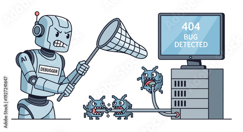 An AI robot debugger actively pursues and captures harmful software bugs connected to a computer server system, symbolizing efficient digital problem-solving and cyber security