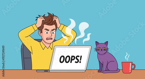 Frustrated man with hands in hair looking at a laptop screen displaying 'OOPS!' next to a cat and coffee mug
