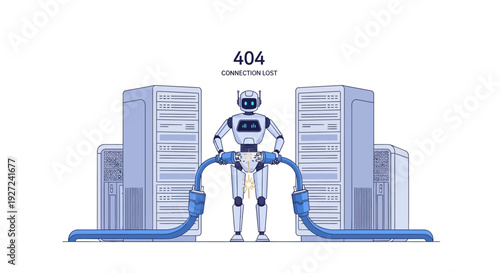 A dedicated service robot troubleshooting a lost connection problem between two crucial data servers, representing a system error or connection failure scenario