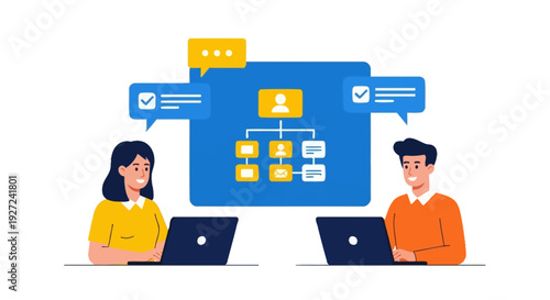 Business organization chart and team collaboration with people using laptops