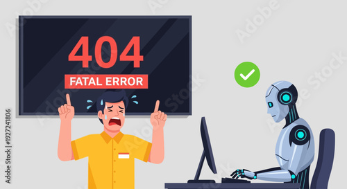 A frustrated person facing a fatal digital error on screen, contrasted with an efficient robot demonstrating automated problem-solving and technological prowess