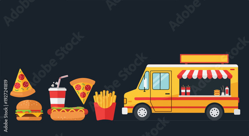 A colorful illustration of popular fast food items like pizza, burger, hot dog, fries, and a drink, positioned near a yellow food truck with an awning.