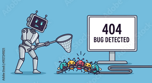 Robot catching bugs on computer screen displaying 404 error, bug detected message