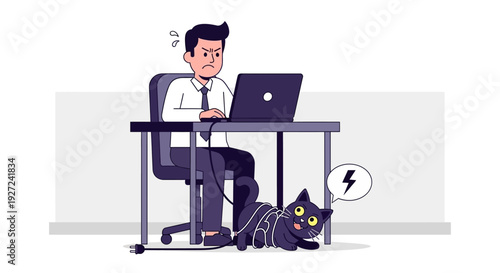 Stressed Man Faces Work Interruption as Mischievous Pet Chews Power Cable, Causing a Power Connectivity Issue and Halting Productivity