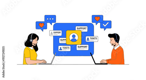 Customer Support Team Providing Assistance with Chat Bubbles and Icons