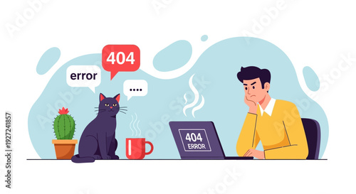 Frustrated person grappling with a 404 page not found error on a laptop, a curious cat observing the digital disruption, symbolizing common website issues and online problems