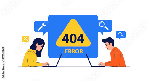 404 Error Page Illustration with People Using Laptops and Website Search Icons