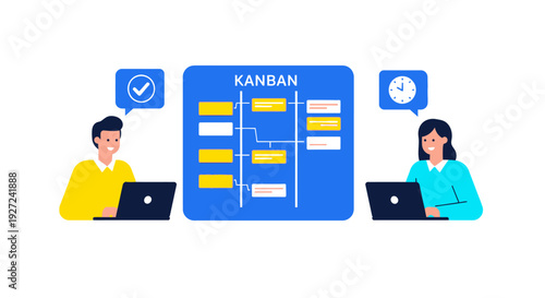 Kanban board illustration showing a team collaborating on a project using laptops with a clock icon symbolizing time management