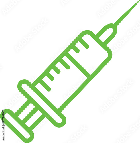 Green syringe medical icon outline for vaccination injection and healthcare treatment design