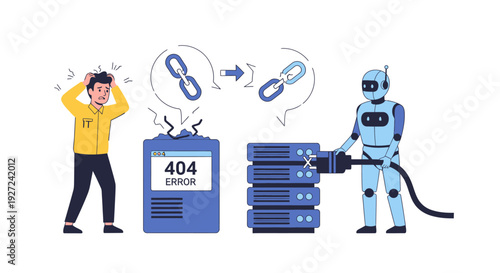 Digital Server Maintenance and Website Error Resolution Robot Technician Repairs Broken Links and Resolves 404 Not Found Issues for Frustrated User