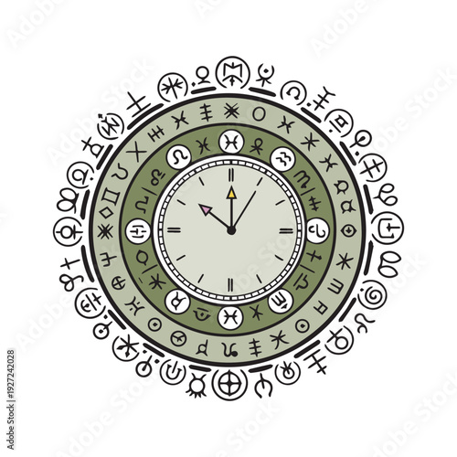 Vintage vector clock face with numbers and hands showing time in a round wall clock design