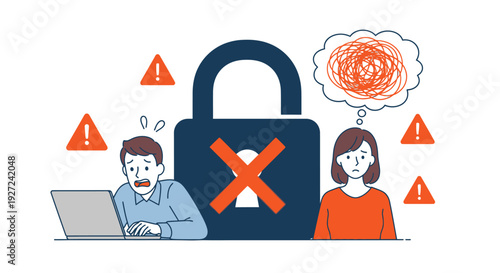 Illustrative depiction of individuals grappling with a security breach, manifesting digital distress, online privacy concerns, and system warnings due to a compromised padlock