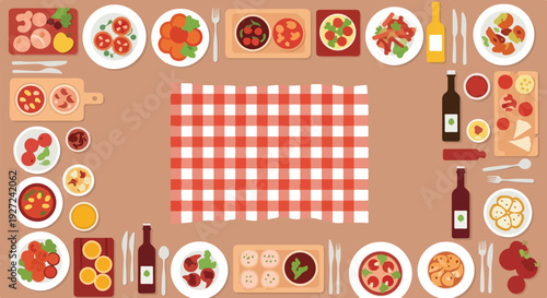 A top-down vector illustration showcasing a lavish feast laid out on a table, featuring an array of diverse dishes, drinks, and cutlery surrounding a checkered tablecloth.