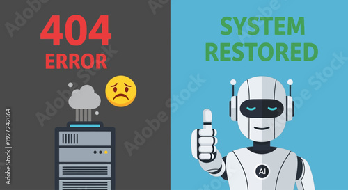 Visual representation of a system error and a successful restoration by a robot, highlighting problem-solving and recovery in a digital environment