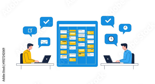 Agile project management with kanban board and team collaboration using laptops
