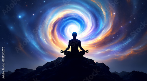 Silhouette of person meditating on a mountaintop with swirling cosmic nebula on transparent background high quality professional detailed modern elegant stylish