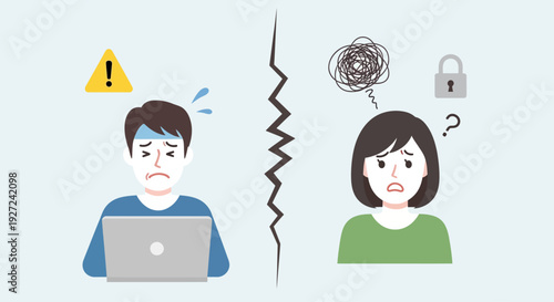 Digital stress and online security issues a man confronts a cyber warning on his laptop, while a woman grapples with internet privacy and confusion, highlighting user vulnerability