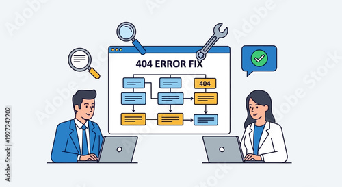 Collaboration between two people fixing a 404 error on laptops beside a flowchart screen in a white studio illustration view