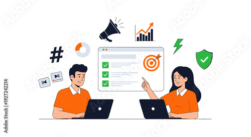 Two people in orange shirts collaborating on laptops amid marketing icons in a white graphic illustration viewed frontally
