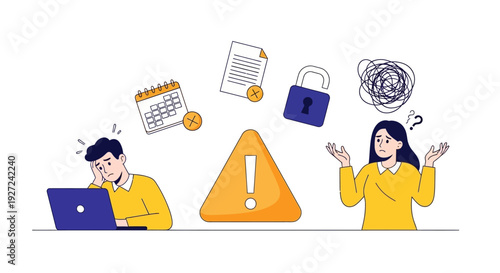 Concerned People Discuss Technology Security Issues Around Laptop, Padlock, and Questioning Brain in Cartoon Illustration