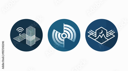 Three minimalist icons in circles with gradients and long shadows; tech, signal, and landscape