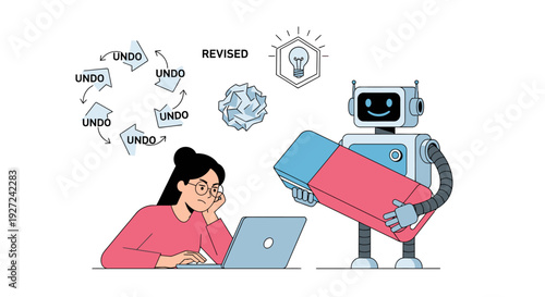 Woman collaborating with cartoon robot on laptop and pink book, surrounded by gears and ideas, white studio illustration view