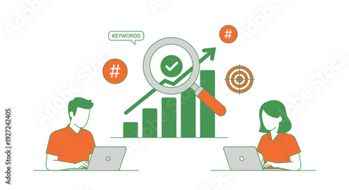Two people working with laptops while conducting analysis of a green bar graph and data icons in a modern illustration