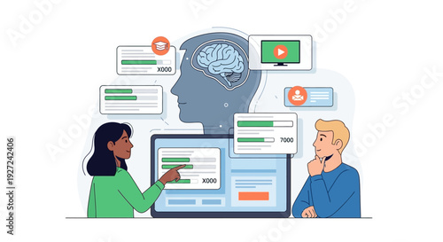 Team collaboration on computer with brain silhouette, speechbubbles and analysis icons in a cartoon illustration view