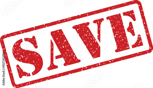 A prominent bright red rectangular rubber stamp imprint displays the bold word SAVE on a clean white background