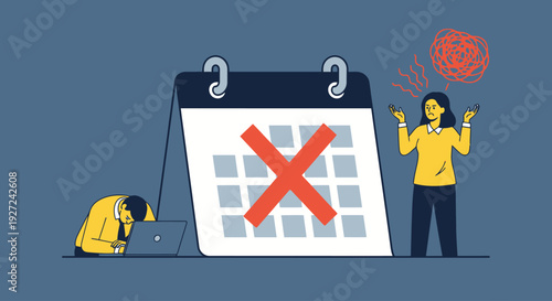 Person frustrated with large calendar marked with red X indicating deadline stress on gray background from side view