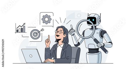 Woman collaborating with robot assistant on innovative technology project in modern office workspace from a frontal viewpoint