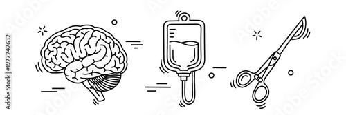 Brain, iv drip, and scissors icons in minimalist line art style