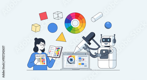 Designer collaborating with robot on graphic design project at workstation surrounded by colorful shapes and tools