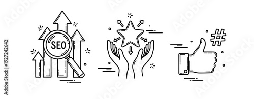 Seo growth and social media success with magnifying glass, star, and thumbs up icons
