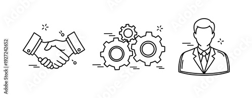 Handshake and gear business icon set with businessman outline