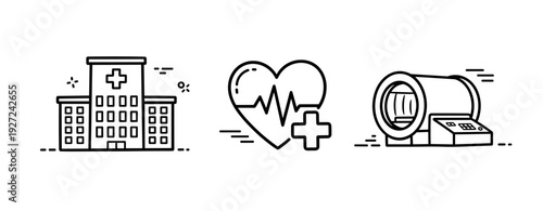 Hospital building and medical equipment icons: heart, mri scan